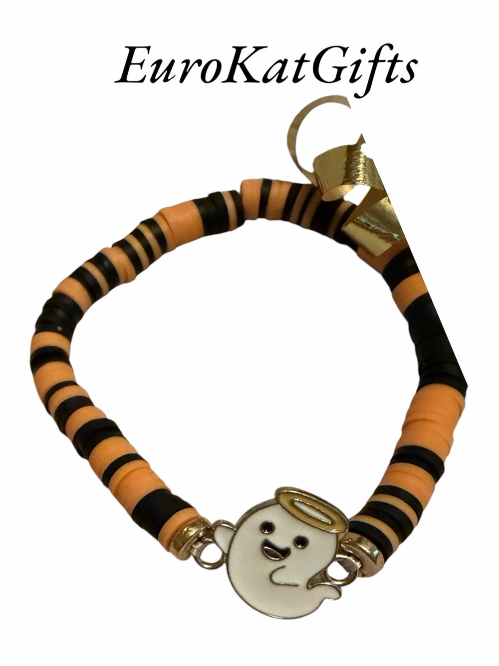 Hand Crafted Orange & Black Beaded Bracelet with Ghost Charm NEW